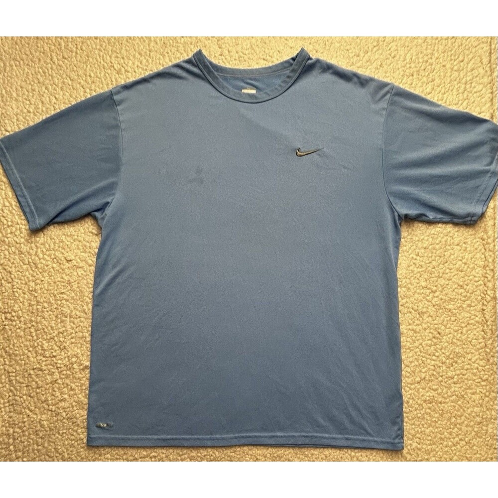 Nike Fit Dry Men's L Short Sleeve Running Training Shirt Light Blue Chest Stains